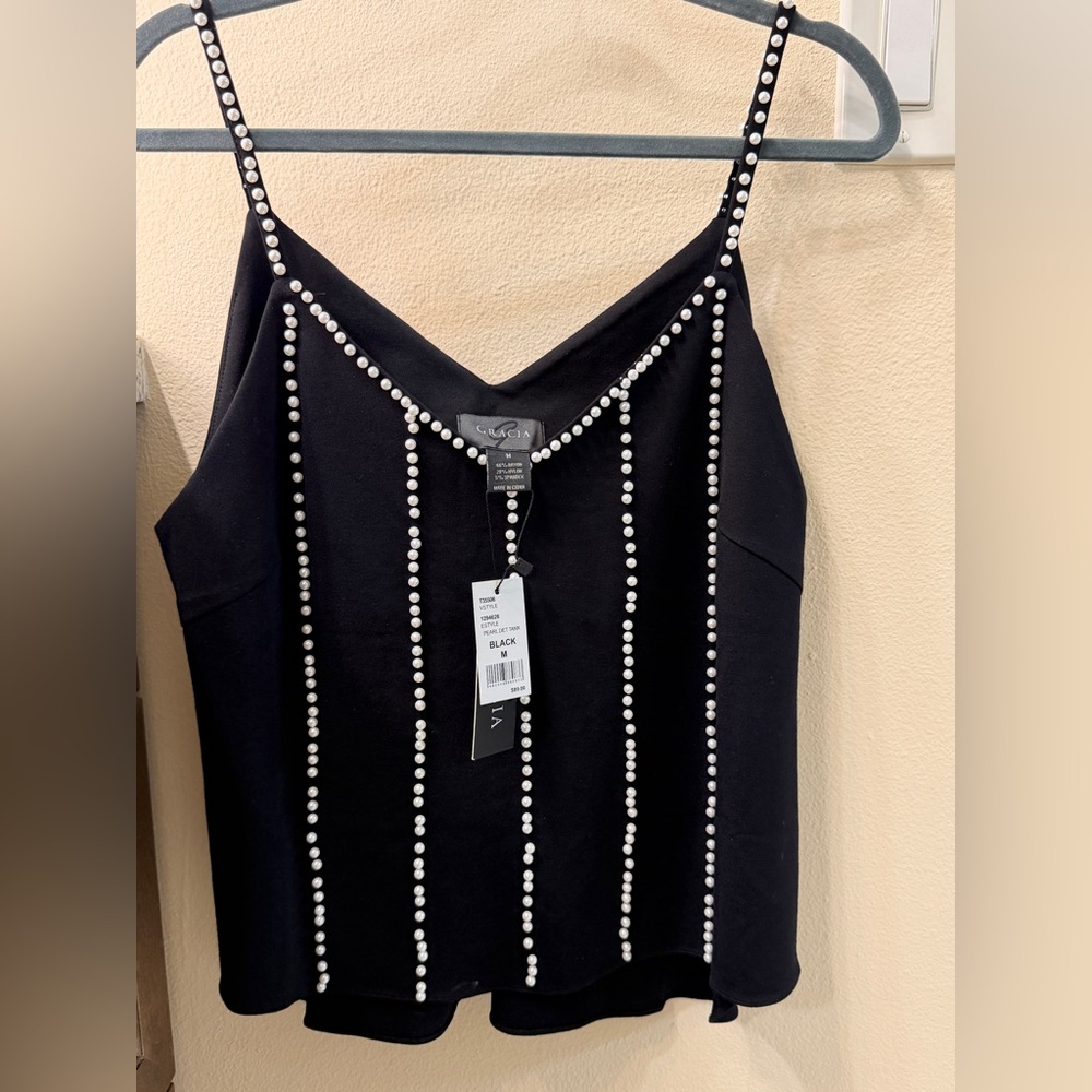Gracia Black Pearl-Trim Spaghetti Strap Camisole